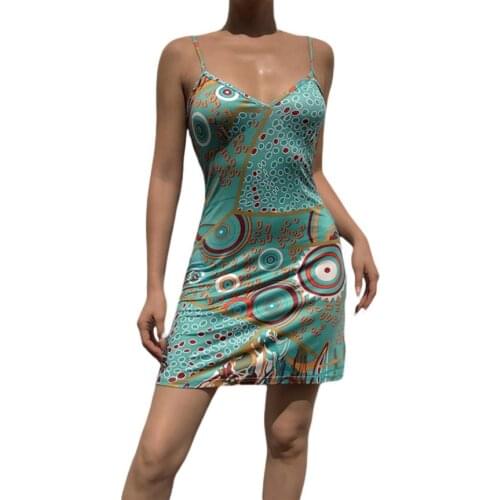 Ladies Temperament Short Suspender Skirt Women Summer Sexy Circle Geometric Printing V-neck Sleeveless Slim Slip Dress