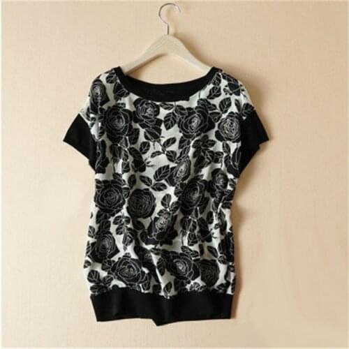 100%silk spliced wool blend knit women spring summer fashion floral printed tshirt Oneck tees tops black M/L