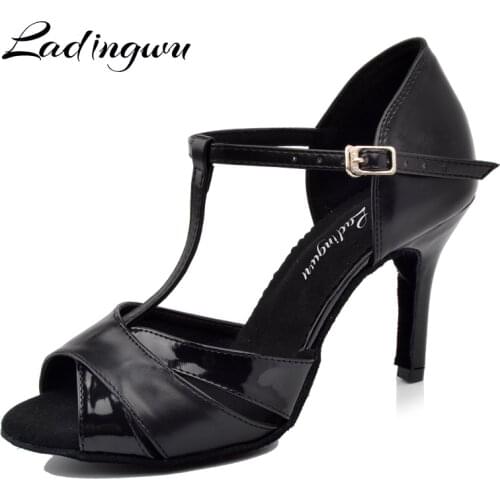 Ladingwu Factory Outlet New Black Dancing Shoes For Women Latin Artificial Leather and PU Ballroom Dance Competition Shoes