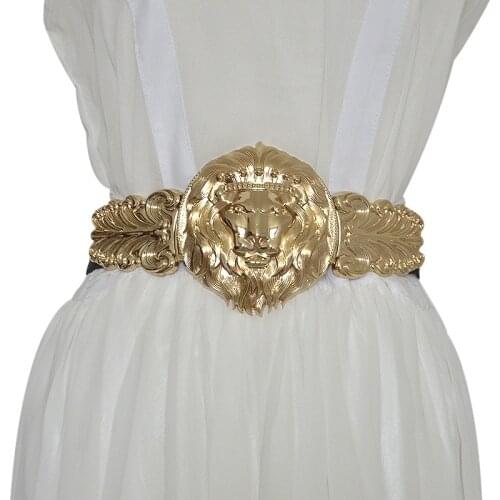 Golden Lion Head Women Girdle Metal Round Buckle Elastic Exaggeration Belt for Womens Black Waistband Gold Elastic Waist Seal