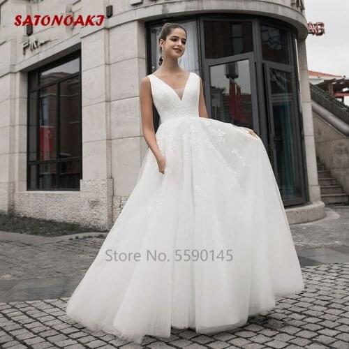 2020 V Neck Wedding Dress A Line Appliques Sleeveless Pleats Zipp With Sweep Train Bridal Gown Vestido De Novia Undefined Online