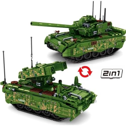 2 in 1 Military Series WW2 Army 99A Main Battle Tank HJ-10 Artillery Soldier MOC Model Building Blocks Bricks Toys Gifts