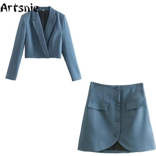 Artsnie Spring 2021 Blazer Suit Women Blue Casual Blazer High Waist Skirts Two Piece Set Vintage Tracksuit Ladies Outfits Femme