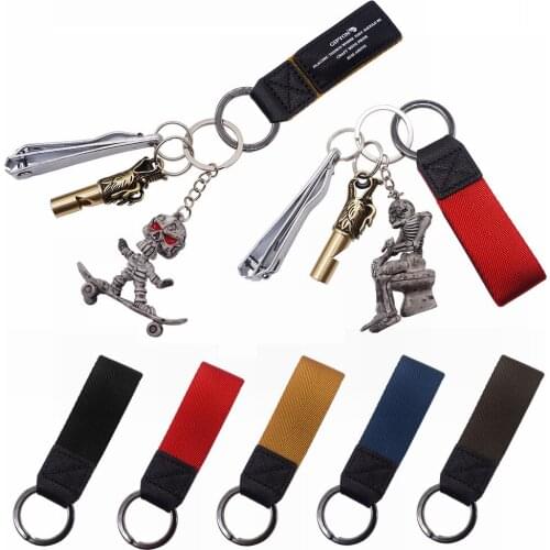 Car Keychain Braided Rope Key Ring Chain Pendant Kit Nail Clipper Brass Dragon Head Whistle Closestool Smoking Skateboard Skull