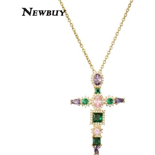 Cmoonry 2020 Fashion Colourful Crystal CZ Cross Pendant Necklace For Women Girl 45cm Gold Chain Necklace Christian Jewelry Gift