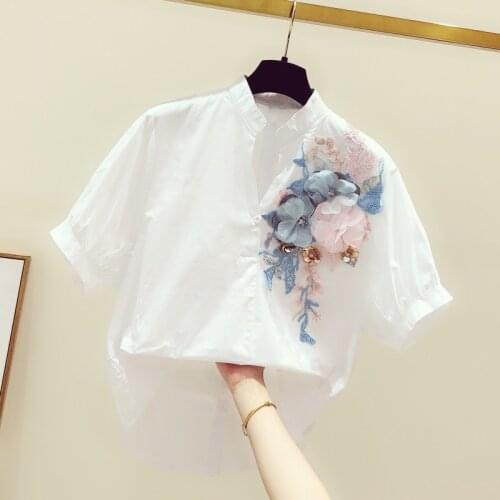 Flower embroidery women blouse and shirts real flower 2019 summer new v-neck short sleeved cotton lady shirts outwear tops
