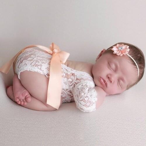 2pcs Newborn Photography Props Baby Girls Lace Rompers Headband Photo Shoot Princess Kids Clothes Jumpsuit Clothes Onesies#38
