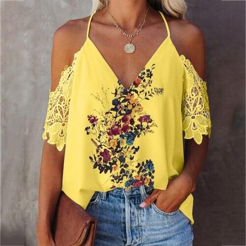Plus Size Lace Sling T-shirt Fashion Loose Casual Floral Print Off Shoulder V-Neck Top Summer Beach Vacation Womens Clothing
