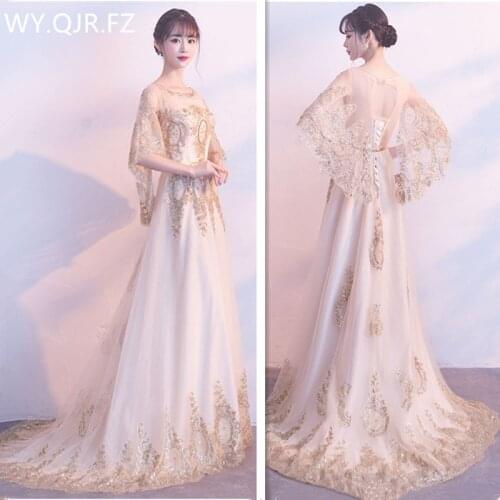 HJZY-150#Long Evening Dresses lace up O-Neck Watteau Train graduation gown party prom dress customize wholesale embroidery girl