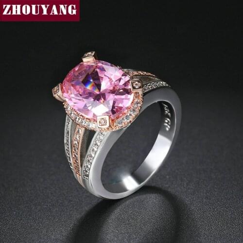 ZHOUYANG Rings For Women Big Oval Cut Romantic Pink Crustal Rose Gold Sliver Color Anniversary Gift Fashion Jewelry YG075