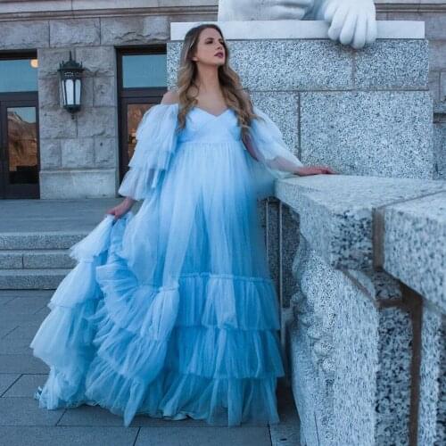Fashion Gradient Blue Sweetheart Women Dress Layered Tulle Ruffles Floor Length Prom Dress A-line Ballgown Custom Made