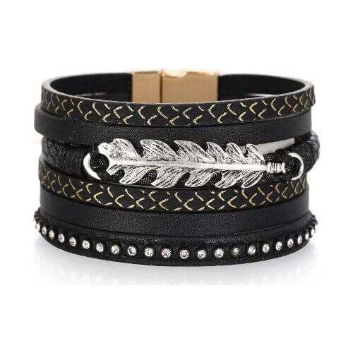 ORNAPEADIA Fashion Leather Bracelet Creative Geometric Tree Leaf Jewelry Scale Pattern Multilayer Broad Side Magnetic Bracelet