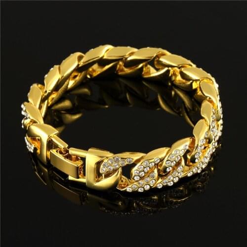 Men Hip Hop Bracelet Vintage Fashion Gold/Silver Color Rhinestone Bracelets for Male Punk Jewelry Link Chain Bracelet Boys Gift