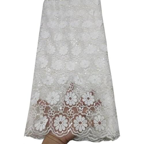Latest PURE WHITE African Embroidery Tulle Lace Fabric 2020 High Quality French Milk Silk Lace Fabric With Sequins 5 Yards ETB92