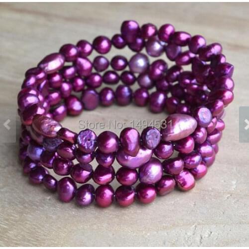 Wholesale Pearl Bracelet - Amaranth Color 4 Rows 6-10mm Genuine Freshwater Pearl Bracelet , Wedding Party,Bridesmaid Jewelry