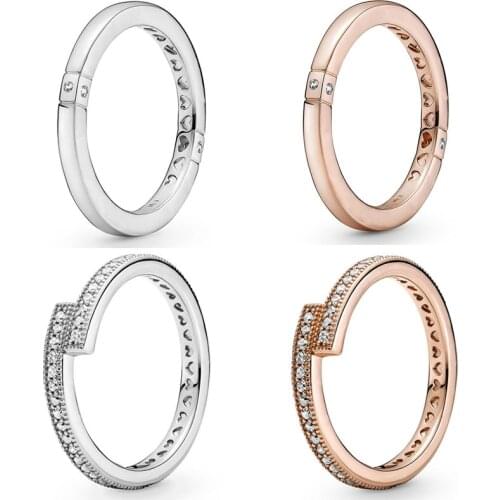 Original 925 Sterling Silver Sparkling Overlapping Rose Logo & Hearts Ring With Crystal For Women Europe DIY Jewelry