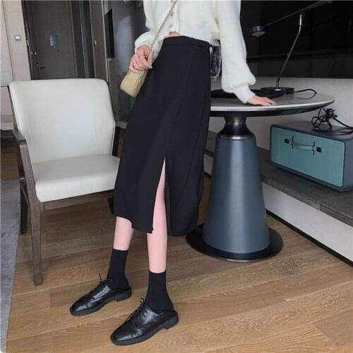 Fall Women Black High-waist Skirts Side-split Midi Skirt Elegant All-match Stretchy Body-con A-line Korean Soild Vintage New