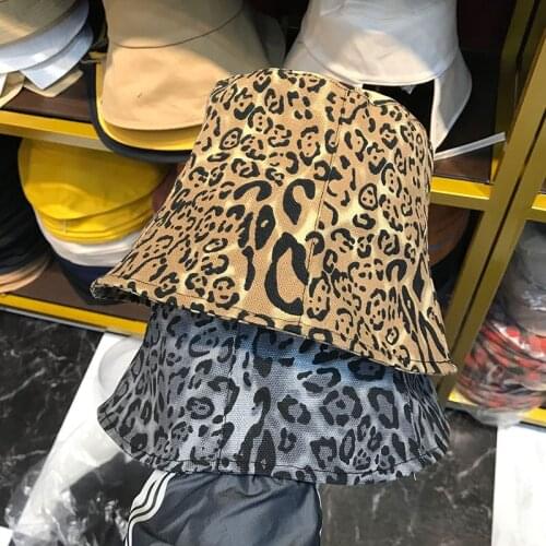Ins Women Leopard Print Bucket Hats Grey Camel Flat Top Spring Summer Fashion Fishing Caps Street Foldable Sun Protection Hat