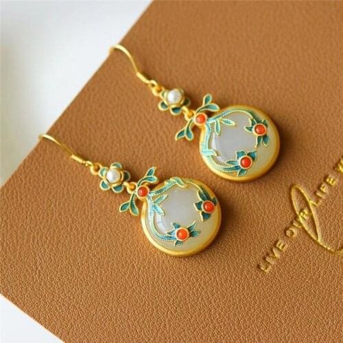 Natural Hetian jade safe buckle earrings silver enamel auspicious cloud ethnic style retro bohemian female
