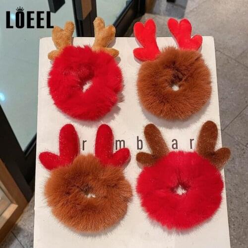 Fashion Women Girls Headwear Red Plush Elastic Hair Bands Christmas Festive Rubber Band Cartoon Elk Antlers Scrunchies Headbands