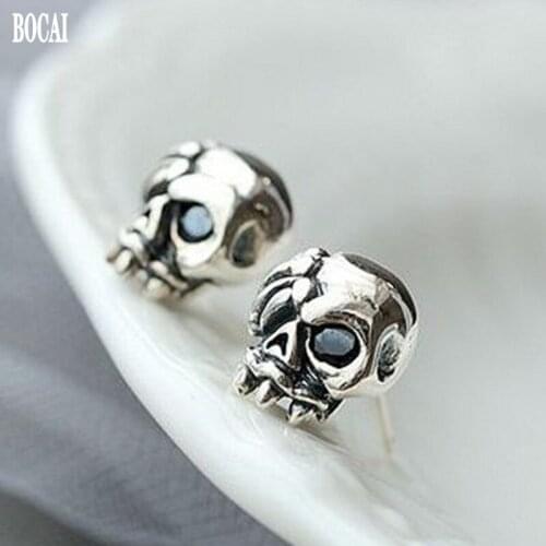 CAI New real 100% s925 sterling silver non-mainstream earrings punk retro skull Man earrings
