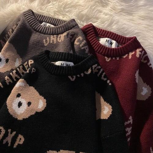 Women 2021 Fashion 3 Color Oversized Teddy Bear Knitted Sweater Vintage O Neck Long Sleeve Female Pullovers Chic Tops