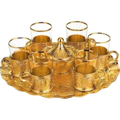 Turkish Tea Set for 6 Person Decorated Glasses with Brass Holders Tray Gold Silver 6.6 Oz 200ml Made in Turkey
