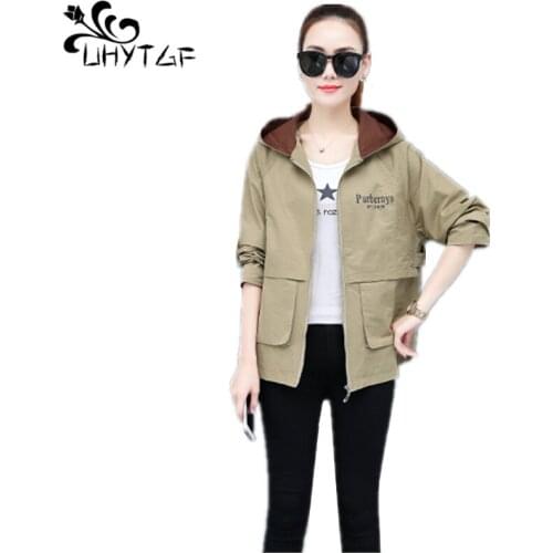 UHYTGF Spring Autumn new Womens Trench Coat Korean Wild Plus size hooded lady windbreaker Loose Female student Trench Coat X413