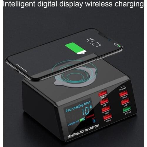 Universal 100W 8 USB Ports+QI Wireless Charger QC 3.0 Multifunctional Charger PD Fast Charging LED Display Phone Accessories