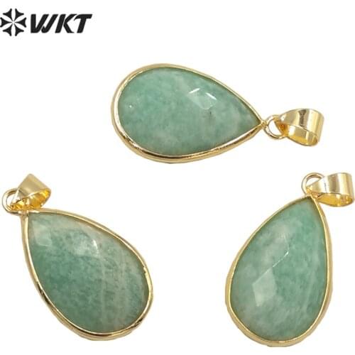 WT-P1640 Wholesale Natural Stone Pendant With Gold Eletroplated Water Shape Glossy Green Stone Jewelry Pendant For Neckkace