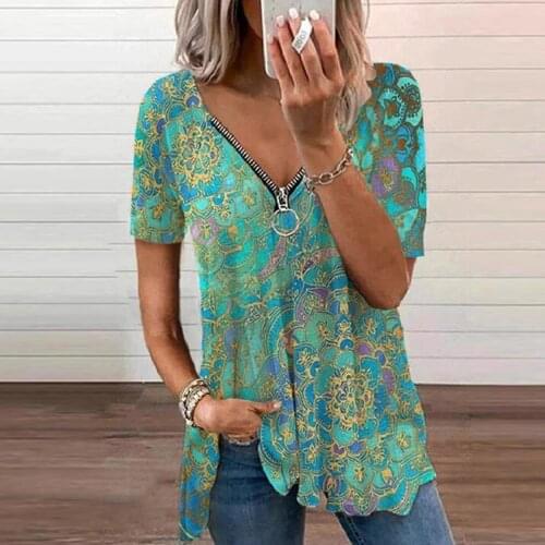 Zipper Deep V-Neck WomenS T-Shirts New Oversized Bohemian Style Summer Top Tee Loose Casual Flowers Printed Top Women Tee Shirt