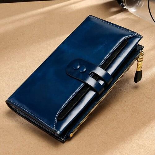 Womens clutch bag, leather wallet, high quality womens buckle zipper long wallet, RFID multi-card bag, ladies money bag