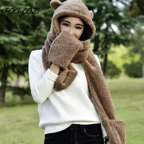 Ladies Girls Warm Winter Hats Black/Panda/Coffee 3 in 1 Multifunctional Hat Plush Winter Warm Cap Scarves Gloves Set For Women