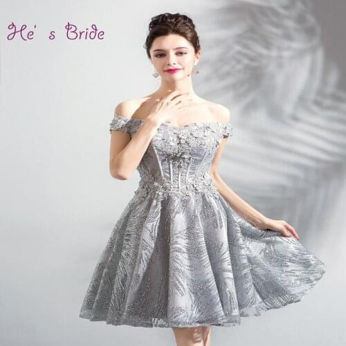 Hes Bride Gray New Elegant Cocktail Dress Appliques Strapless A-line Off The Shoulder Beading Knee-length Party Formal Vestidos
