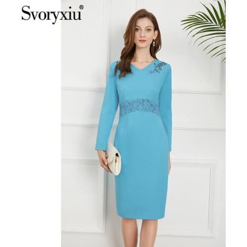 Svoryxiu Fashion Autumn Women Sky Blue Black Knee-Length Dress Solid O-Neck Sequins Crystal Slim Diamond Party Elegant Dresses