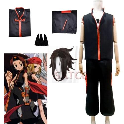Anime SHAMAN KING Cosplay Costume Yoh Asakura Cosplay Costume Wig Top Pants Necklace Womens Men Uniform Halloween