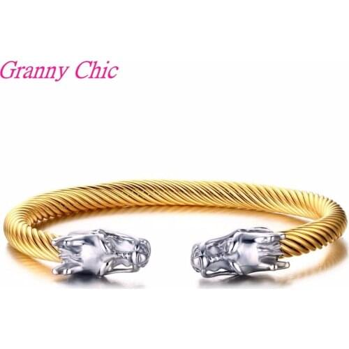 Granny Chic Cool Men Silver Color Dragon Heads Cuff Bracelets Gold-color Stainless Steel Wire Bracelet Bangle Men Women Jewelry