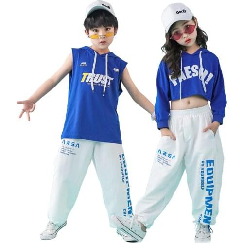 Lolanta Kids Boys Girls Hooded Tops Vest Pants Hip Hop Clothes Street Dance Performance Costume Blue Green
