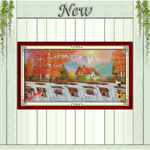 House and Crane Golden time river Scenery painting Counted print on canvas 14CT 11CT Cross Stitch Needlework kits Embroider Sets