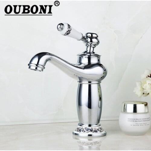 OUBONI Chrome Polished Bathroom Faucet Silver Deck Mounted Ceramic Handle Bathroom Wash Basin Sink Faucet Mixers & Taps