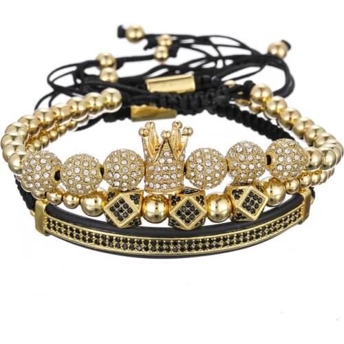 Hot 3Pcs/Set of Luxury Jewelry Mens Zircon Hip Hop Gold Bracelet Cubic Micropavé CZ Crown Braided Geometry Pulseira 2021 Fashio