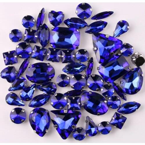 Silver claw setting 50pcs/bag shapes mix Sapphire glass crystal sew on rhinestone wedding dress shoes bag diy trim