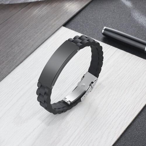 Custom Engraved Name Silicone Stainless Steel ID Tag Bracelet Adjustable Sports Wristband Personalized Jewelry Gift for Him