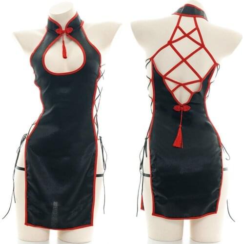 Sexy Open Chest Strap Cheongsam Night Skirt Retro Button Tassel Decoration Side Hollow Cross Game Uniform Set Temptation Pajamas