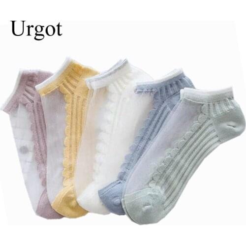 Urgot 5 Pairs Spring Summer Glass Silk Womens Candy Color Striped Silk Abkle Socks Transparent Crystal Silk Ladies Boat Socks