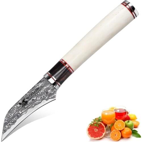 MSY BIGSUNNY Handmade Birds Beak Knife, Peeling Knife Fruit Knives - Supper Damascus Steel - 3 Inch Blade - Ox Bone Handle