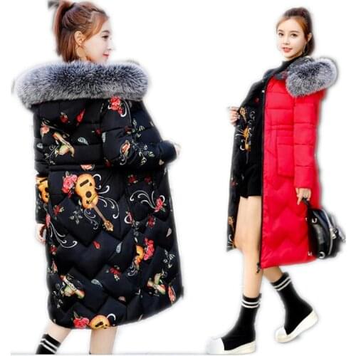 Hooded Large Fur Collar Winter Women Parkas 2018 New Both To Wear Down Cotton Jacket Female Thicken Fashion Print With Belt Q680