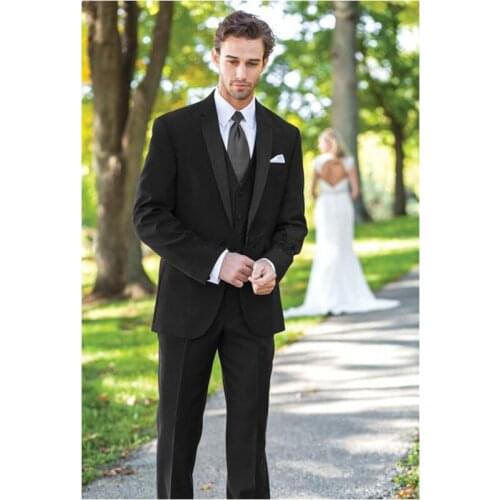 Jacket+Pants+Vest) Black Mens Suit Jacket Pant Singgle Breasted Custom Made Formal Suits Wedding Tuxedos Business Blazer