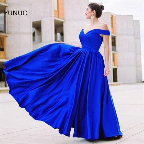 YUNUO Royal Blue Prom Party Gowns A Line Full Length Satin Formal Dresses Off Shoulder Evening Dress Zipper Back Vestidos