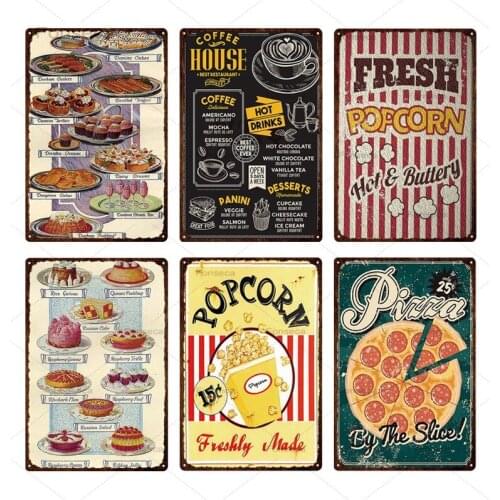 Pizza Cake Dessert Coffee Menu Beer Metal Signs Retro Iron Painting Bar Cafe Wall Artwork Decorated Tin Plate Poster 20x30cm